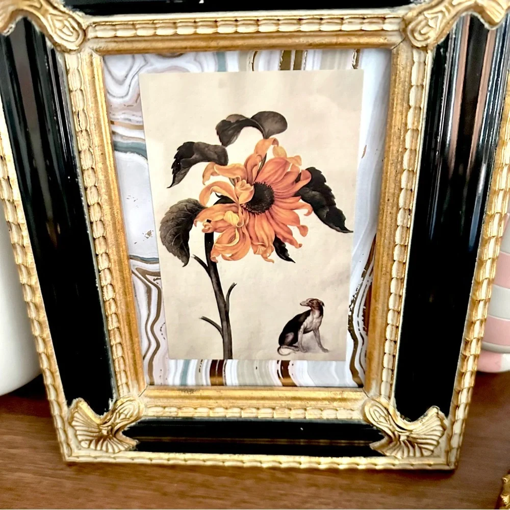 Surreal Sunflower & Dog Art Postcard Print Framed Art Nouveau Frame Black Gold